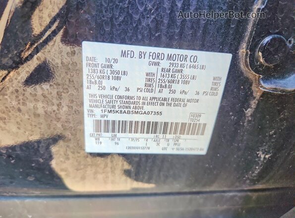 1FM5K8AB5MGA07355 2021 FORD EXPLORER Black Вид наклейки з VIN-кодом
