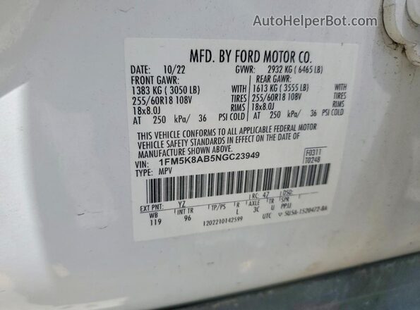 1FM5K8AB5NGC23949 2022 FORD EXPLORER White VIN կոդի պիտակի տեսք