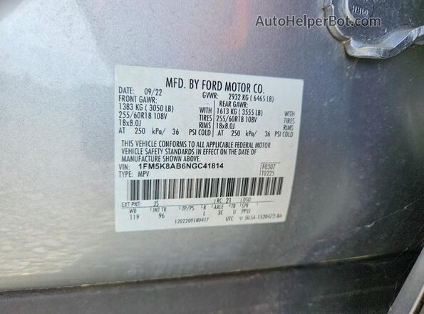 1FM5K8AB6NGC41814 2022 FORD EXPLORER White VIN sticker view