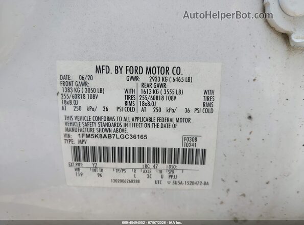1FM5K8AB7LGC36165 2020 FORD POLICE INTERCEPTOR Белый Вид подкапотного пространства