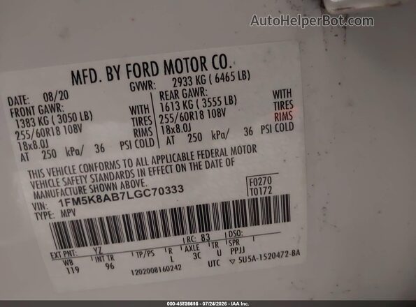 1FM5K8AB7LGC70333 2020 FORD POLICE INTERCEPTOR White ძრავის განყოფილების ხედი
