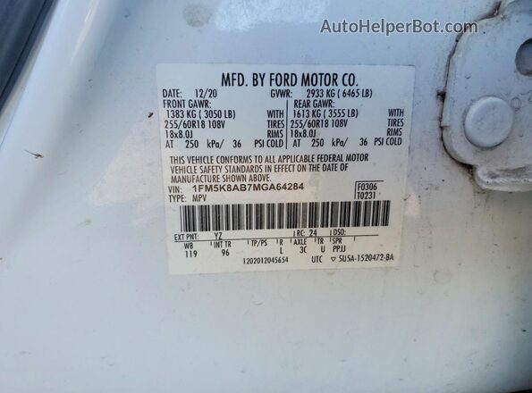 1FM5K8AB7MGA64284 2021 FORD EXPLORER Белый Вид наклейки с VIN-кодом