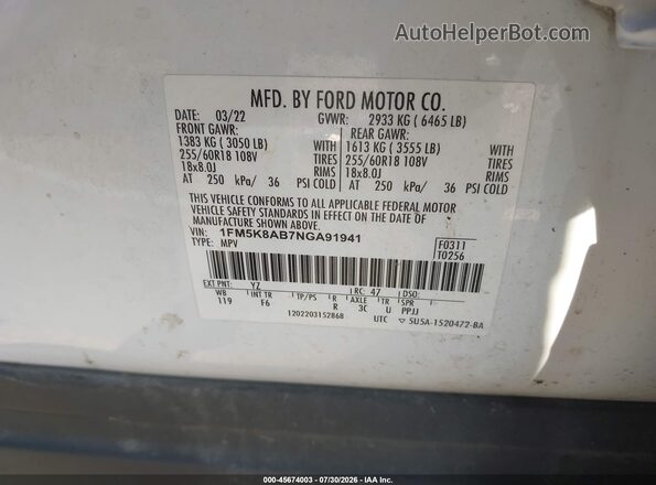 1FM5K8AB7NGA91941 2022 FORD POLICE INTERCEPTOR White 