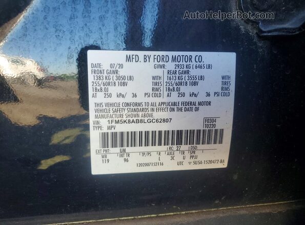 1FM5K8AB8LGC62807 2020 FORD EXPLORER Black Вид наклейки з VIN-кодом