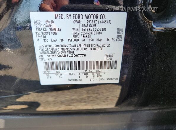 1FM5K8AB8LGD07776 2020 FORD EXPLORER Black Widok naklejki z numerem VIN