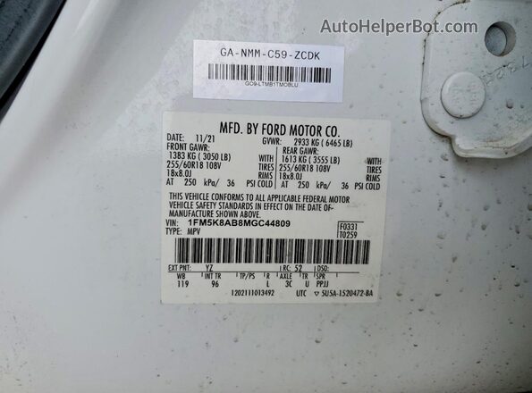 1FM5K8AB8MGC44809 2021 FORD EXPLORER White VIN sticker view