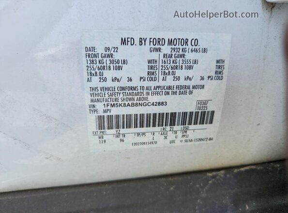 1FM5K8AB8NGC42883 2022 FORD EXPLORER White Vista de la etiqueta del VIN