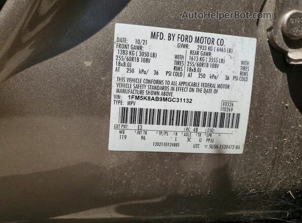1FM5K8AB9MGC31132 2021 FORD EXPLORER Gold Widok naklejki z numerem VIN