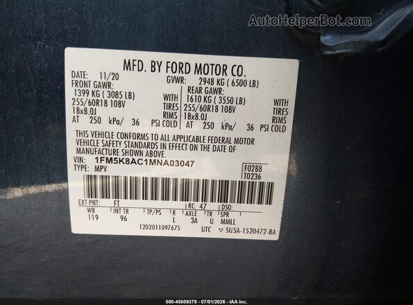 1FM5K8AC1MNA03047 2021 FORD POLICE INTERCEPTOR Blue Вид підкапотного простору
