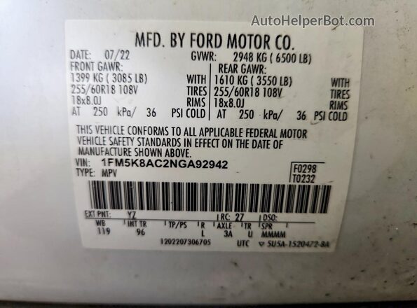 1FM5K8AC2NGA92942 2022 FORD EXPLORER White Widok naklejki z numerem VIN