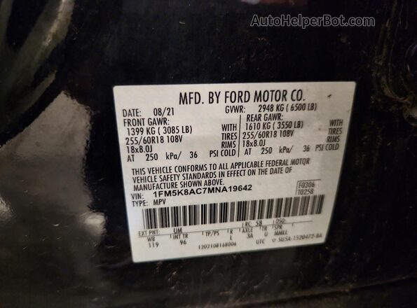 1FM5K8AC7MNA19642 2021 FORD EXPLORER Black Vista de la etiqueta del VIN