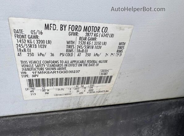 1FM5K8AR1GGD30237 2016 FORD EXPLORER White Widok komory silnika