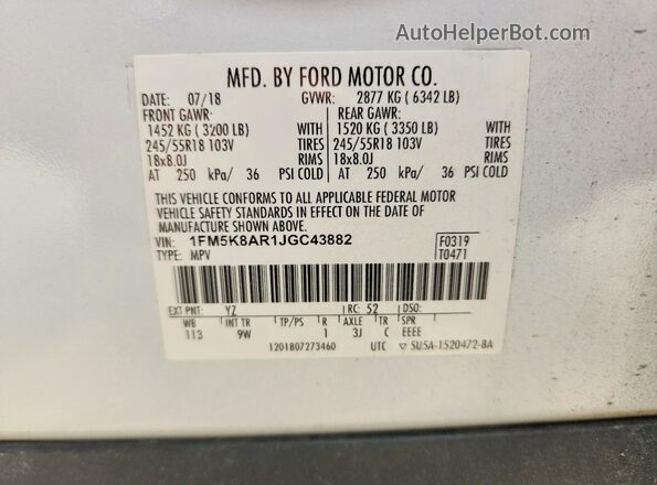 1FM5K8AR1JGC43882 2018 FORD EXPLORER White Вид підкапотного простору