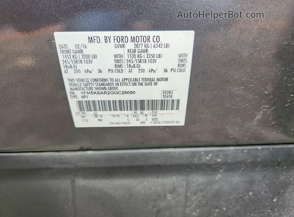 1FM5K8AR2GGC26050 2016 FORD EXPLORER Gray ძრავის განყოფილების ხედი