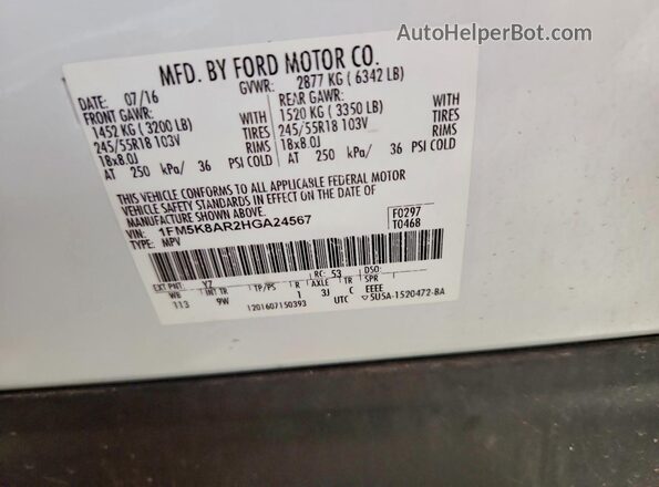 1FM5K8AR2HGA24567 2017 FORD EXPLORER White VIN sticker view