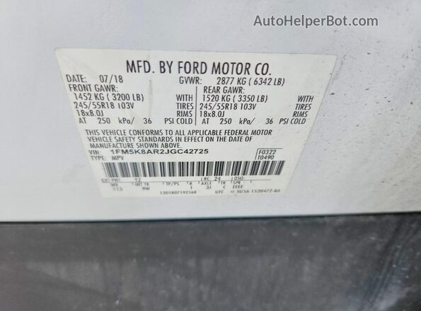 1FM5K8AR2JGC42725 2018 FORD EXPLORER White VIN კოდის სტიკერის ხედი