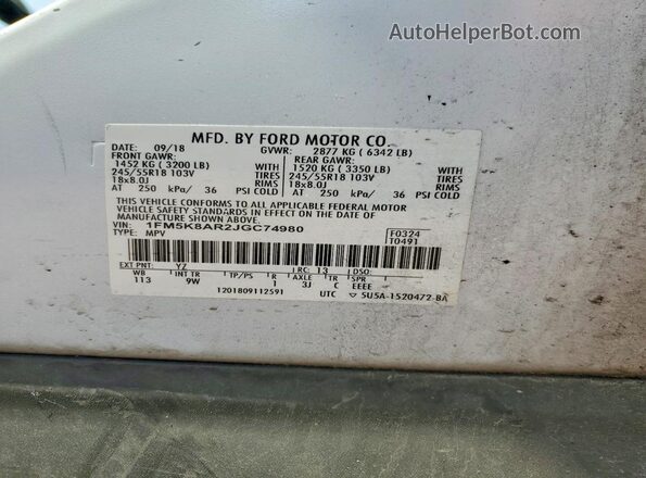 1FM5K8AR2JGC74980 2018 FORD EXPLORER White VIN sticker view