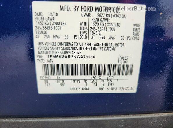 1FM5K8AR2KGA79110 2019 FORD EXPLORER Blue Vista de la etiqueta del VIN