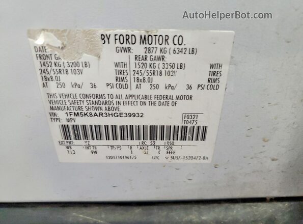 1FM5K8AR3HGE39932 2017 FORD EXPLORER White Vista de la etiqueta del VIN