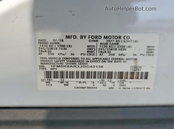 1FM5K8AR3JGC43138 2018 FORD EXPLORER White VIN կոդի պիտակի տեսք
