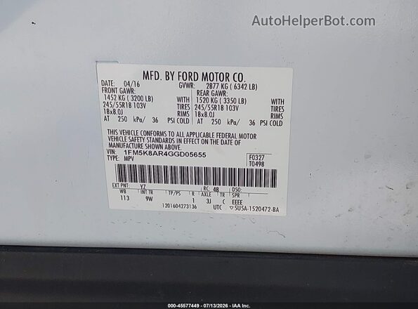 1FM5K8AR4GGD05655 2016 FORD UTILITY POLICE INTERCEPTOR White Engine compartment view