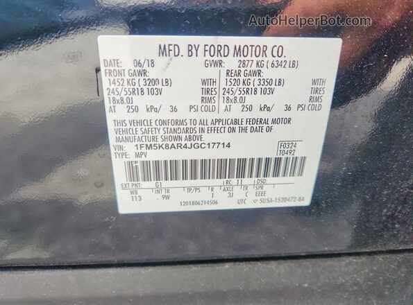 1FM5K8AR4JGC17714 2018 FORD EXPLORER Black VIN კოდის სტიკერის ხედი