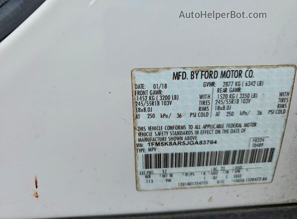 1FM5K8AR5JGA83764 2018 FORD EXPLORER White VIN კოდის სტიკერის ხედი