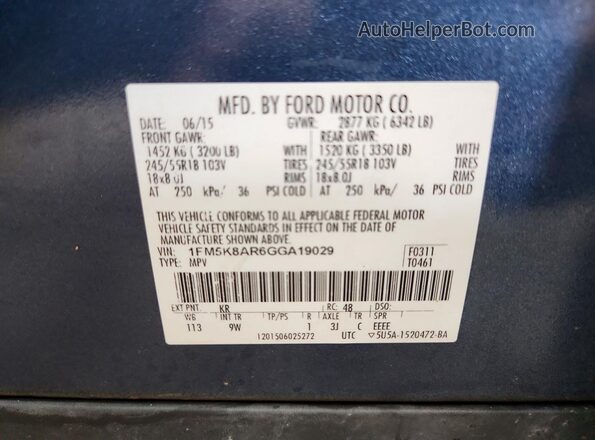 1FM5K8AR6GGA19029 2016 FORD EXPLORER Blue Widok naklejki z numerem VIN