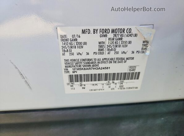 1FM5K8AR7HGA24581 2017 FORD EXPLORER White Vista interior de 360 grados