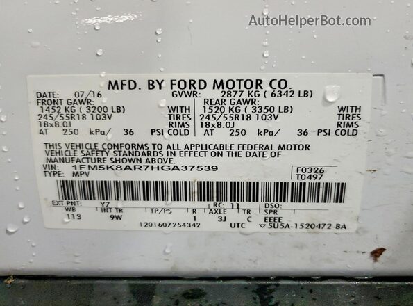 1FM5K8AR7HGA37539 2017 FORD EXPLORER White VIN sticker view