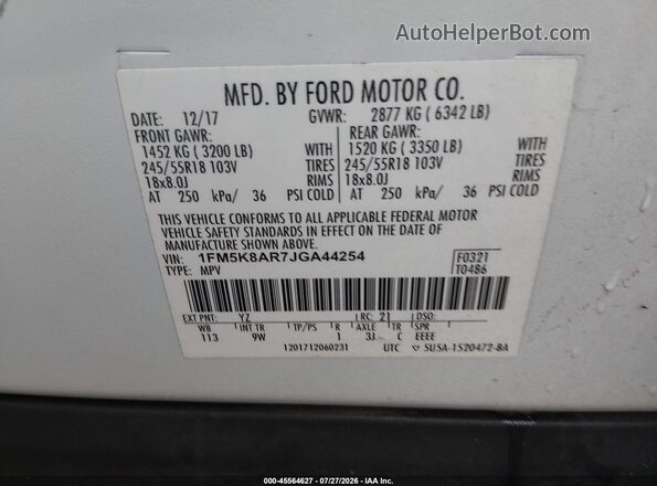 1FM5K8AR7JGA44254 2018 FORD POLICE INTERCEPTOR White Vista del compartimento del motor