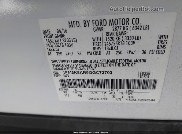 1FM5K8AR9GGC72703 2016 FORD UTILITY POLICE INTERCEPTOR White Շարժիչի բաժամունքի տեսք