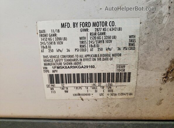 1FM5K8AR9KGA29160 2019 FORD EXPLORER White Vista de la etiqueta del VIN
