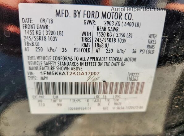 1FM5K8AT2KGA17007 2019 FORD EXPLORER Black VIN კოდის სტიკერის ხედი