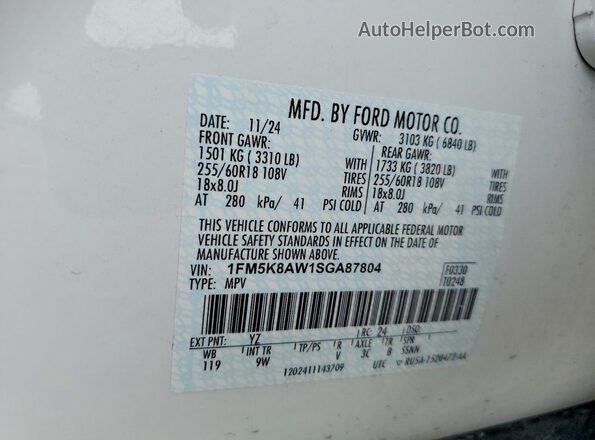 1FM5K8AW1SGA87804 2025 FORD EXPLORER White Вид наклейки з VIN-кодом