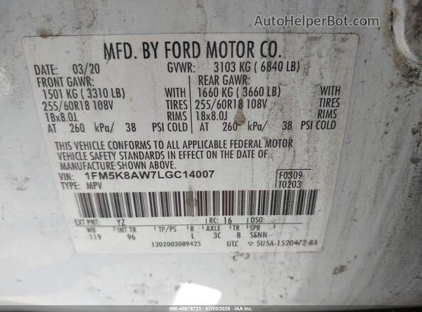 1FM5K8AW7LGC14007 2020 FORD POLICE INTERCEPTOR White Շարժիչի բաժամունքի տեսք