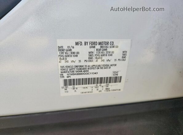 1FM5K8B80GGC11343 2016 FORD EXPLORER White VIN sticker view