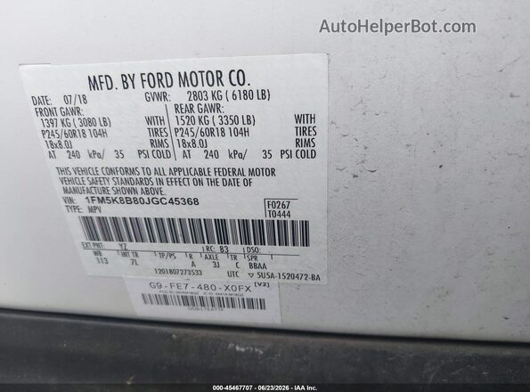 1FM5K8B80JGC45368 2018 FORD EXPLORER Белый Вид подкапотного пространства