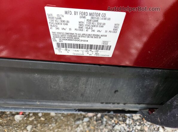 1FM5K8B81GGC21234 2016 FORD EXPLORER Red Вид наклейки з VIN-кодом