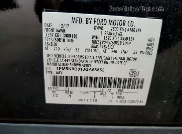1FM5K8B81JGA58852 2018 FORD EXPLORER Black VIN կոդի պիտակի տեսք