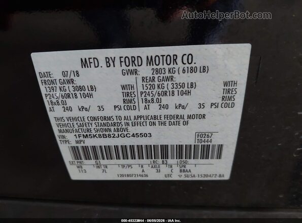 1FM5K8B82JGC45503 2018 FORD EXPLORER Black Vista del compartimento del motor