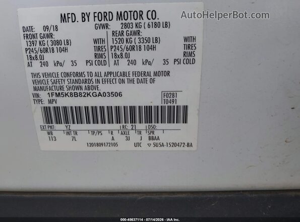 1FM5K8B82KGA03506 2019 FORD EXPLORER White Շարժիչի բաժամունքի տեսք