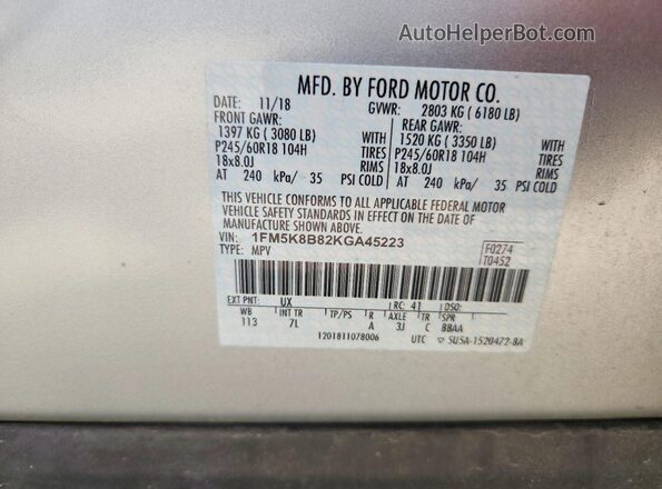 1FM5K8B82KGA45223 2019 FORD EXPLORER Silver VIN կոդի պիտակի տեսք