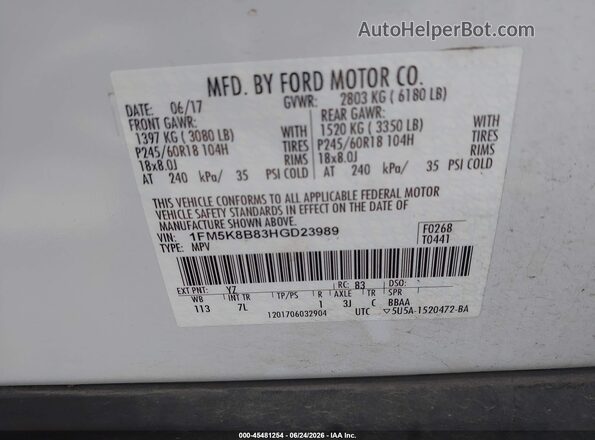 1FM5K8B83HGD23989 2017 FORD EXPLORER Белый Вид подкапотного пространства