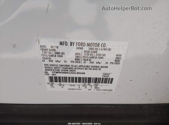 1FM5K8B83JGC45249 2018 FORD EXPLORER White ძრავის განყოფილების ხედი