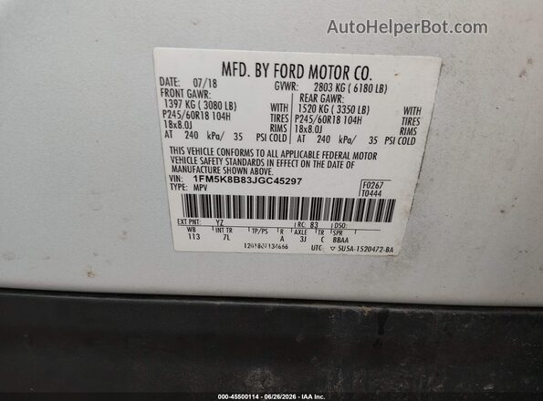 1FM5K8B83JGC45297 2018 FORD EXPLORER Белый Вид подкапотного пространства