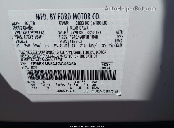 1FM5K8B83JGC45350 2018 FORD EXPLORER White Engine compartment view