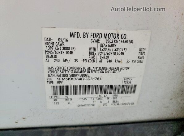 1FM5K8B84GGD31761 2016 FORD EXPLORER White Вид наклейки з VIN-кодом