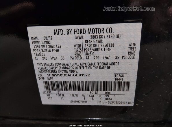 1FM5K8B84HGE01972 2017 FORD EXPLORER Black Engine compartment view