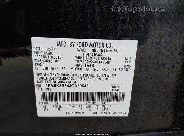 1FM5K8B84JGA59543 2018 FORD EXPLORER Black Engine compartment view